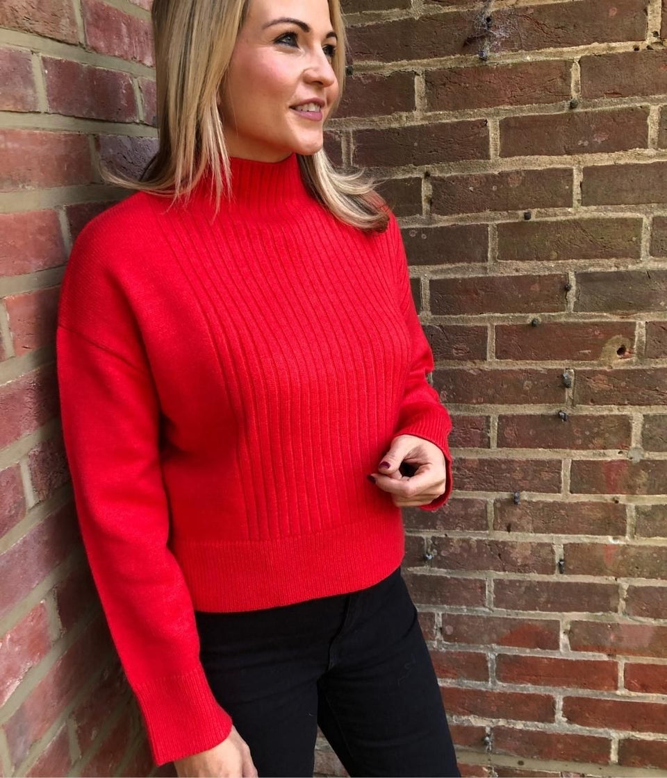 Red Part Ribbed Funnel Neck Jumper