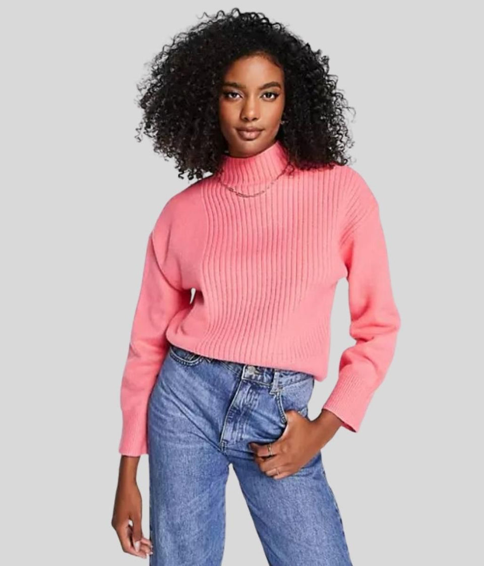 Hot Pink Part Ribbed Funnel Neck Jumper