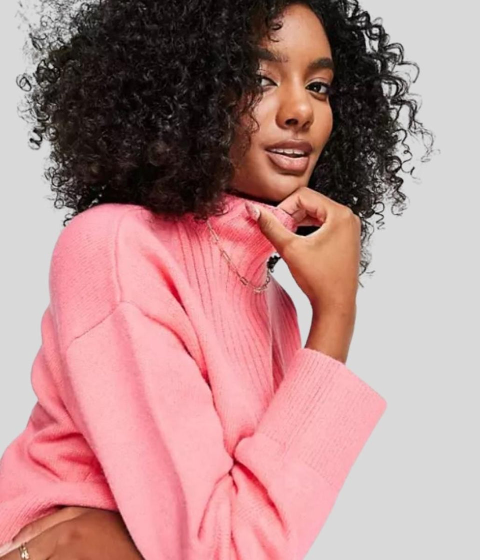 Hot Pink Part Ribbed Funnel Neck Jumper