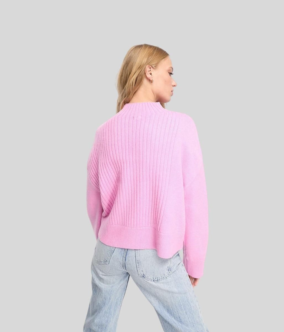 Pink Part Ribbed Funnel Neck Jumper