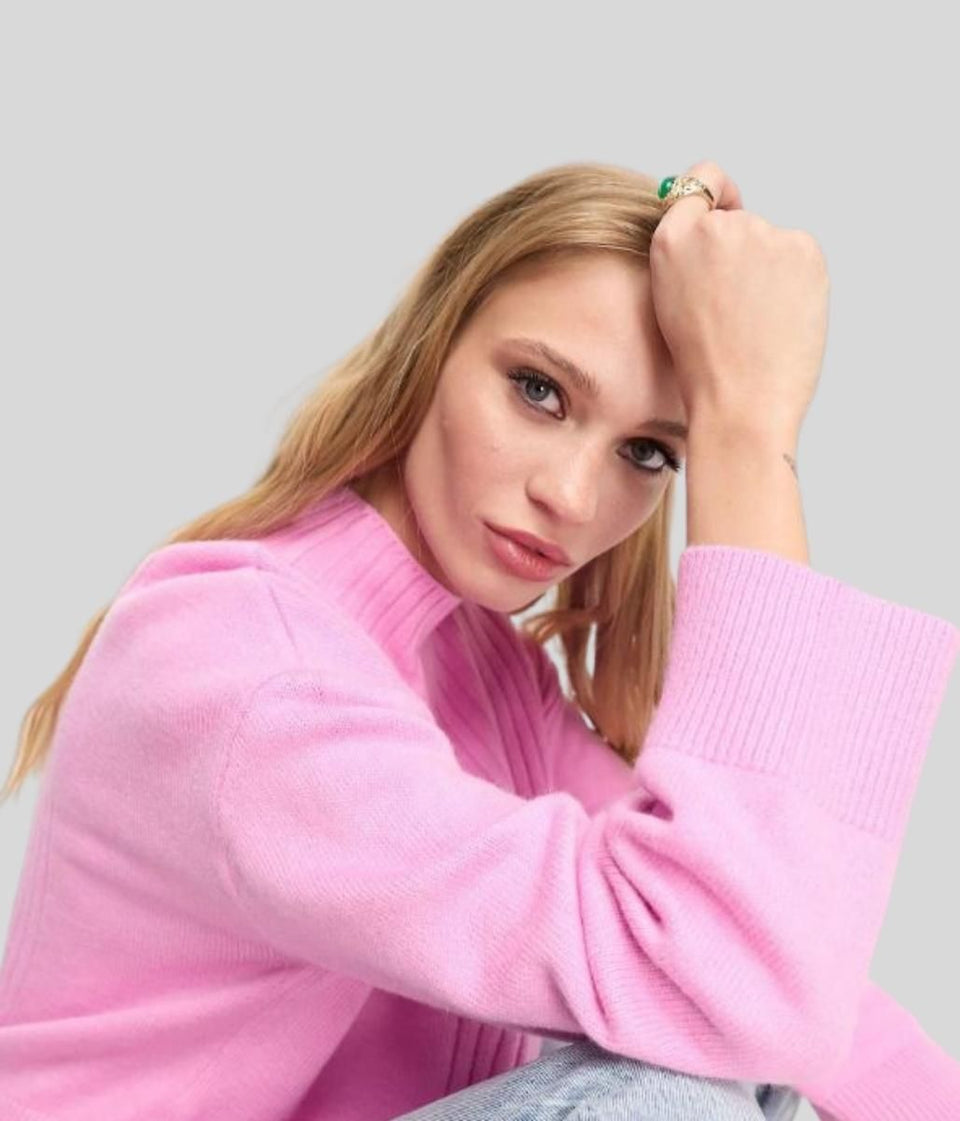 Pink Part Ribbed Funnel Neck Jumper