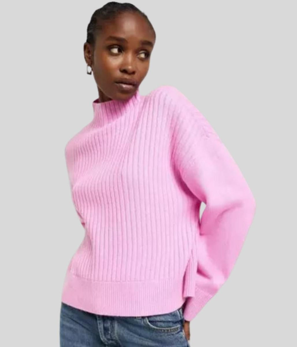 Pink Part Ribbed Funnel Neck Jumper