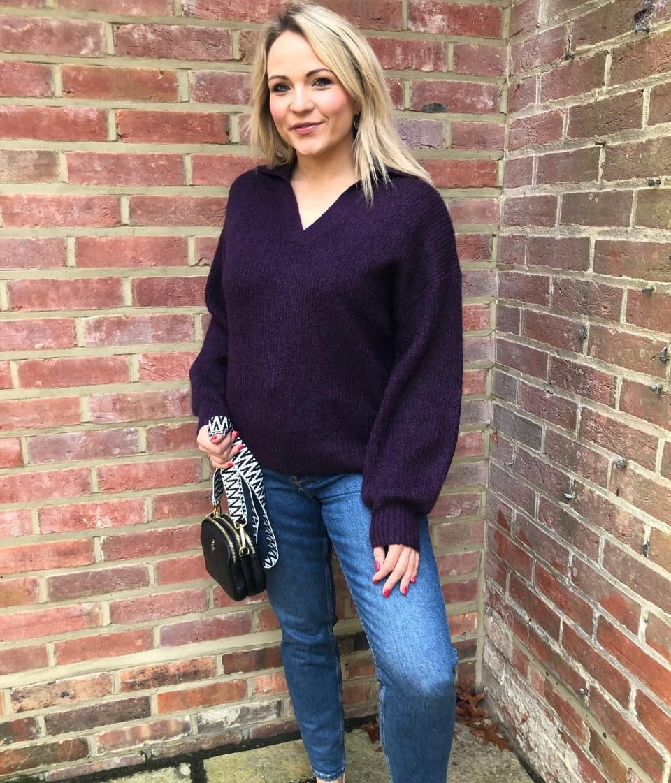 Aubergine Notch Neck Collared Jumper