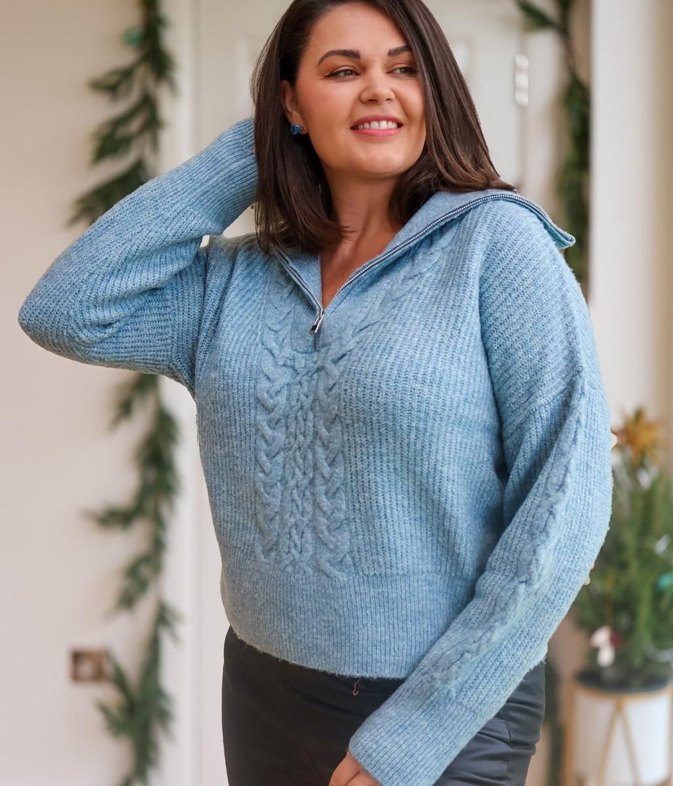 Blue Half Zip Cable Knit Jumper