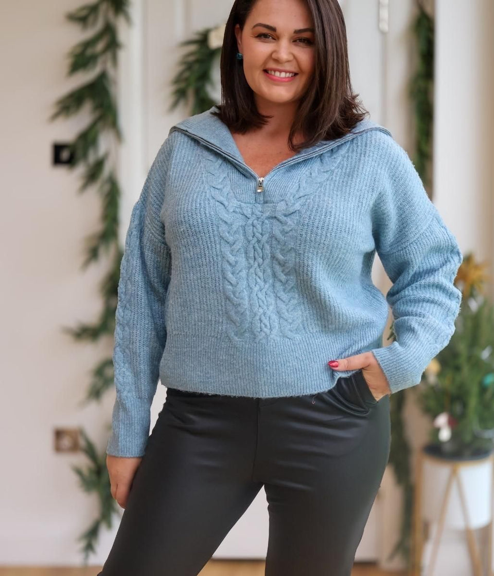 Blue Half Zip Cable Knit Jumper