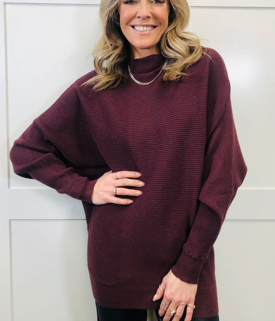 Burgundy Soft Ribbed Batwing Jumper