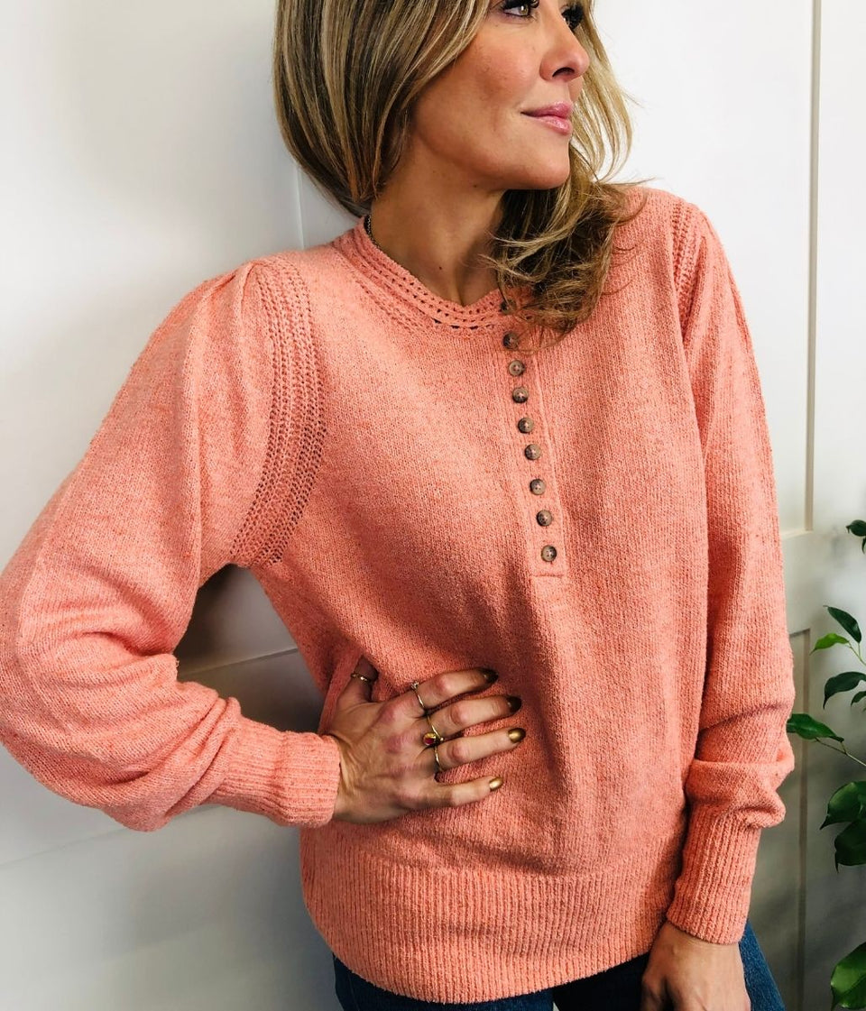 Peach Cotton Rich Textured Button Detail Jumper