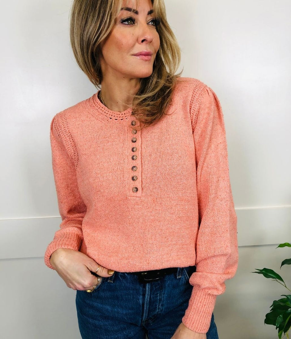 Peach Cotton Rich Textured Button Detail Jumper