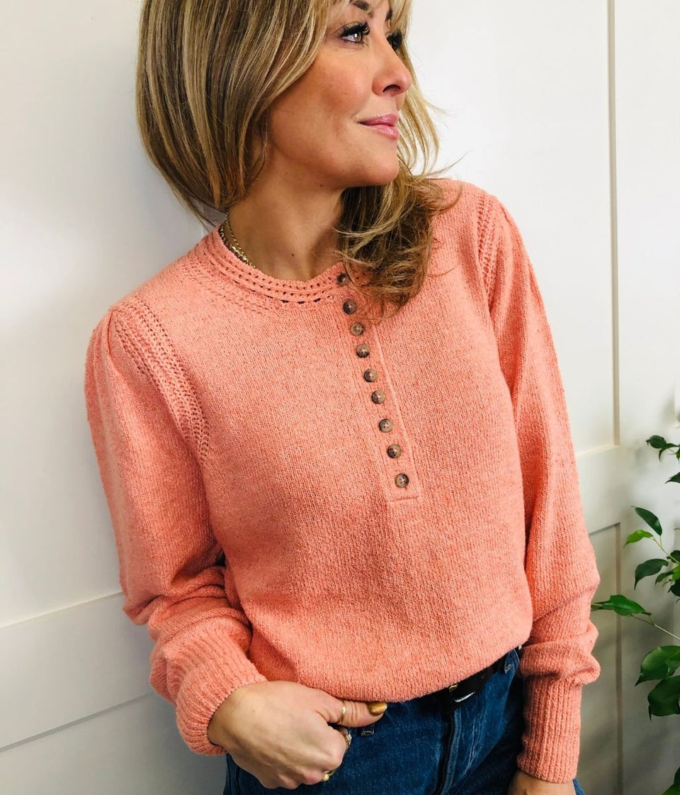 Peach Cotton Rich Textured Button Detail Jumper