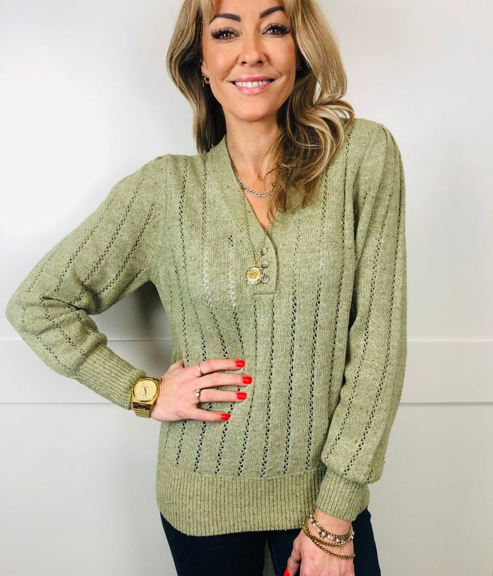 Khaki Pointelle Button V Neck Jumper Highstreet Outlet UK