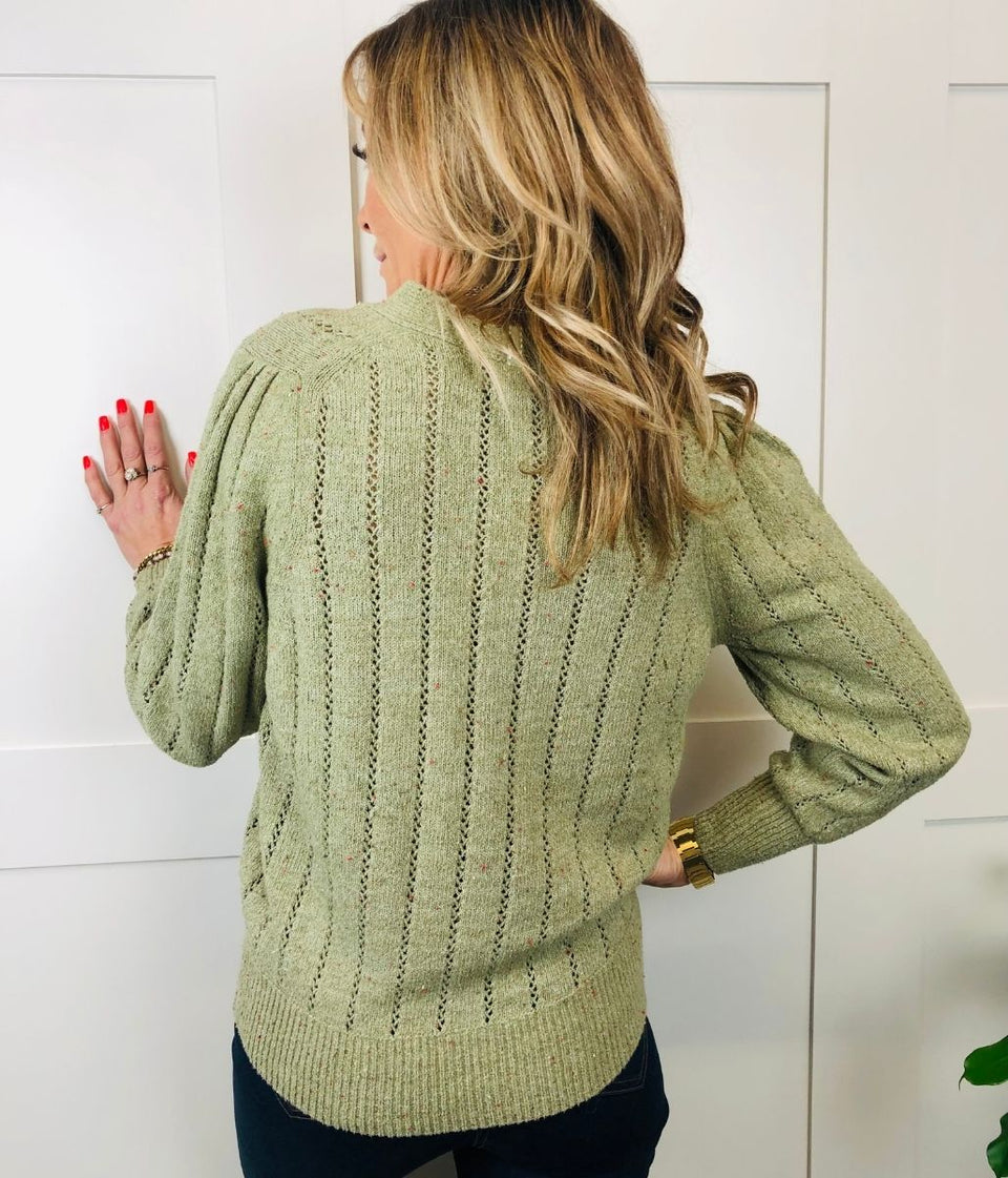 Khaki Pointelle Button V Neck Jumper