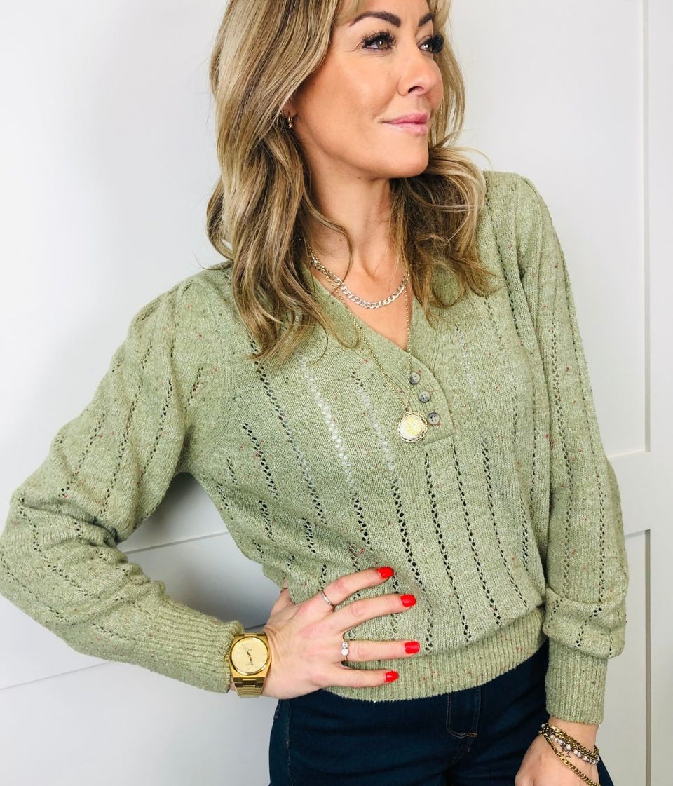 Khaki Pointelle Button V Neck Jumper