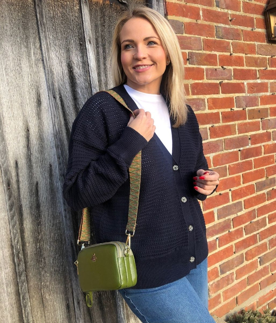 Navy Cotton Rich Textured V Neck Cardigan