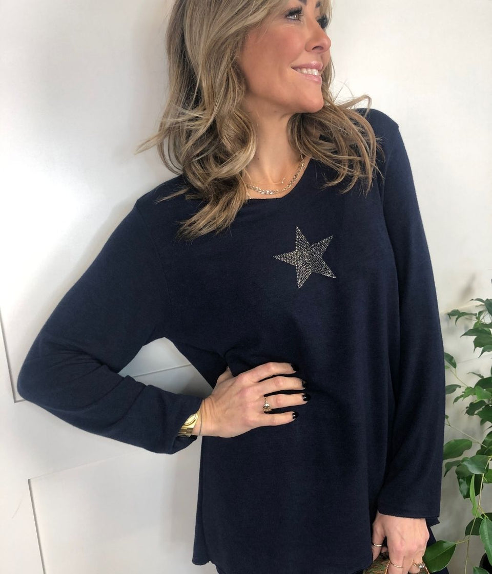 Navy Diamante Star Lightweight Jumper