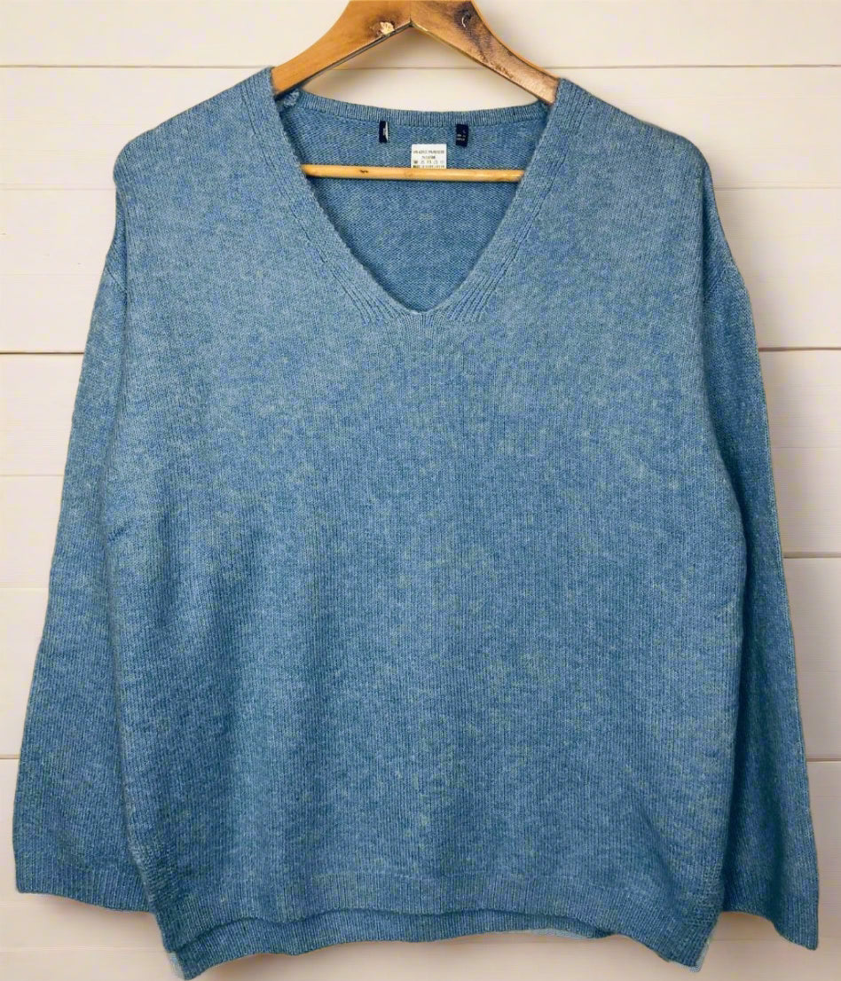 Blue Relaxed V Neck Jumper