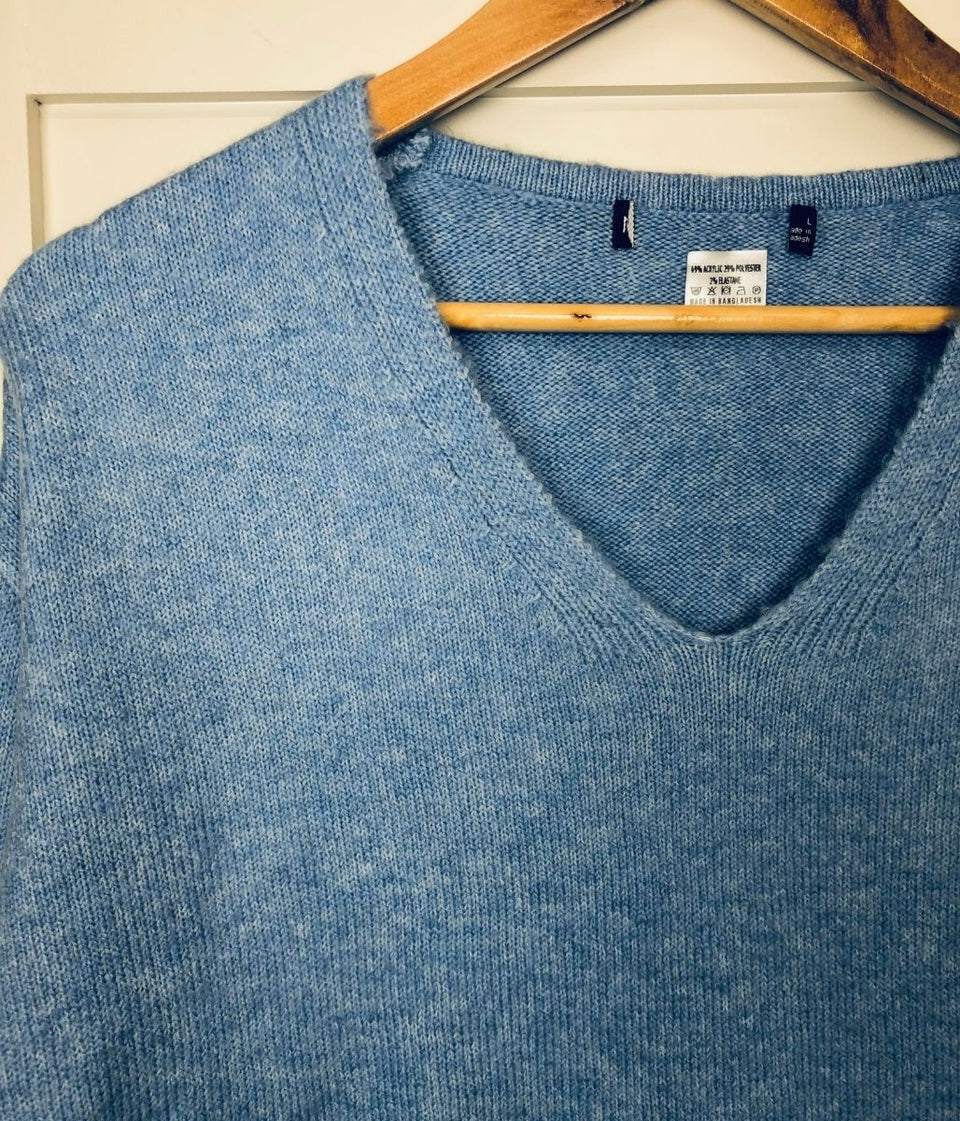 Blue Relaxed V Neck Jumper