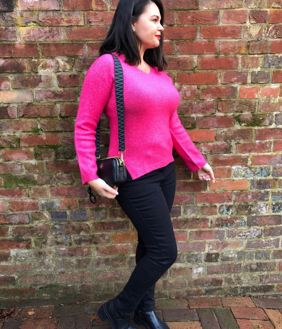 Hot Pink Relaxed V Neck Jumper