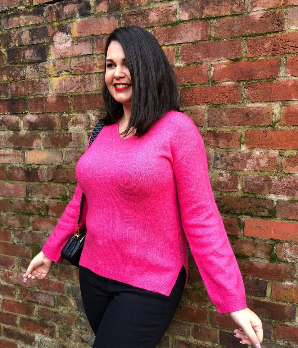 Hot Pink Relaxed V Neck Jumper