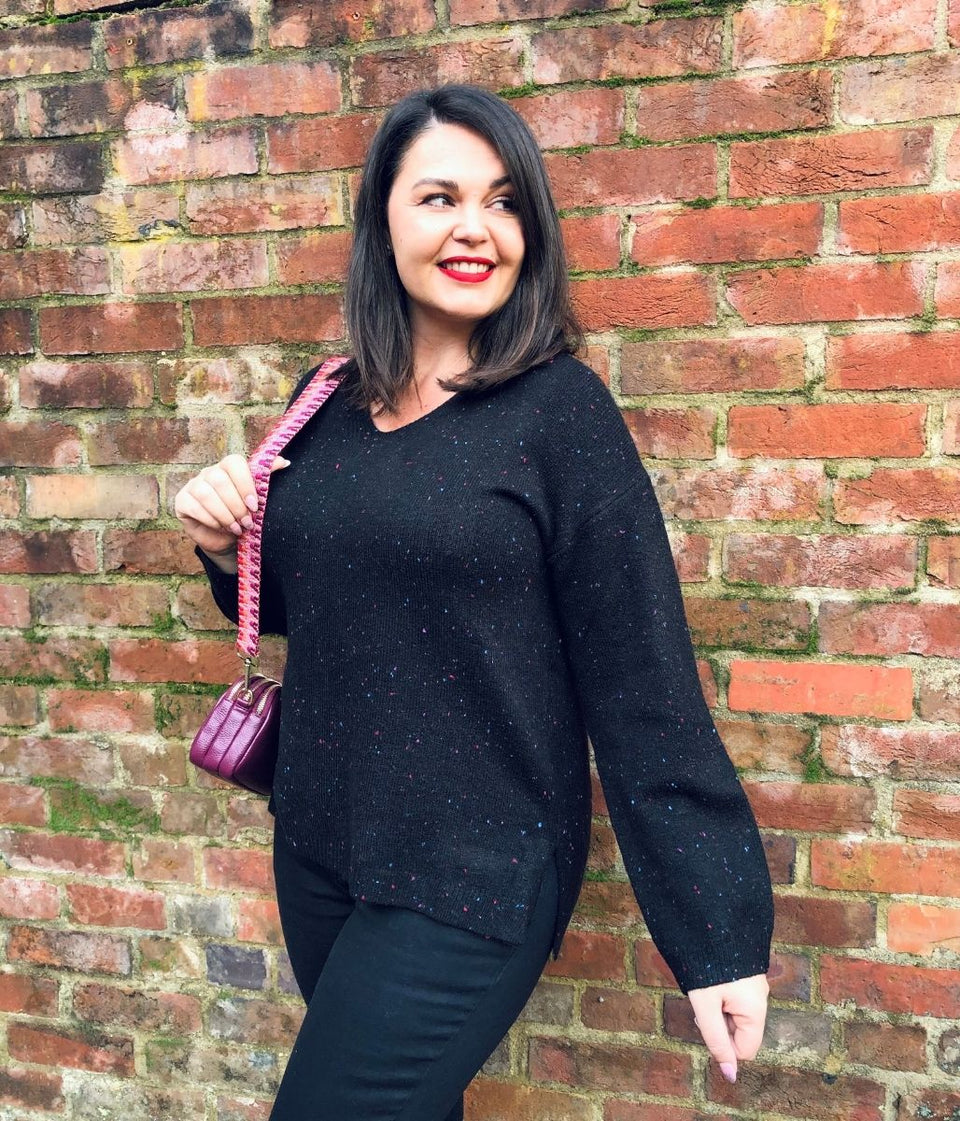 Black Flecked Relaxed V Neck Jumper