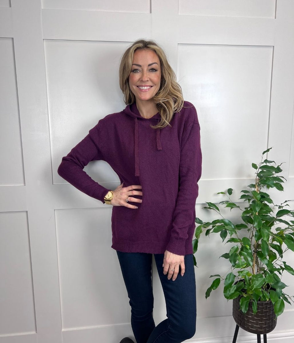 Plum Fine Knit Hooded Jumper