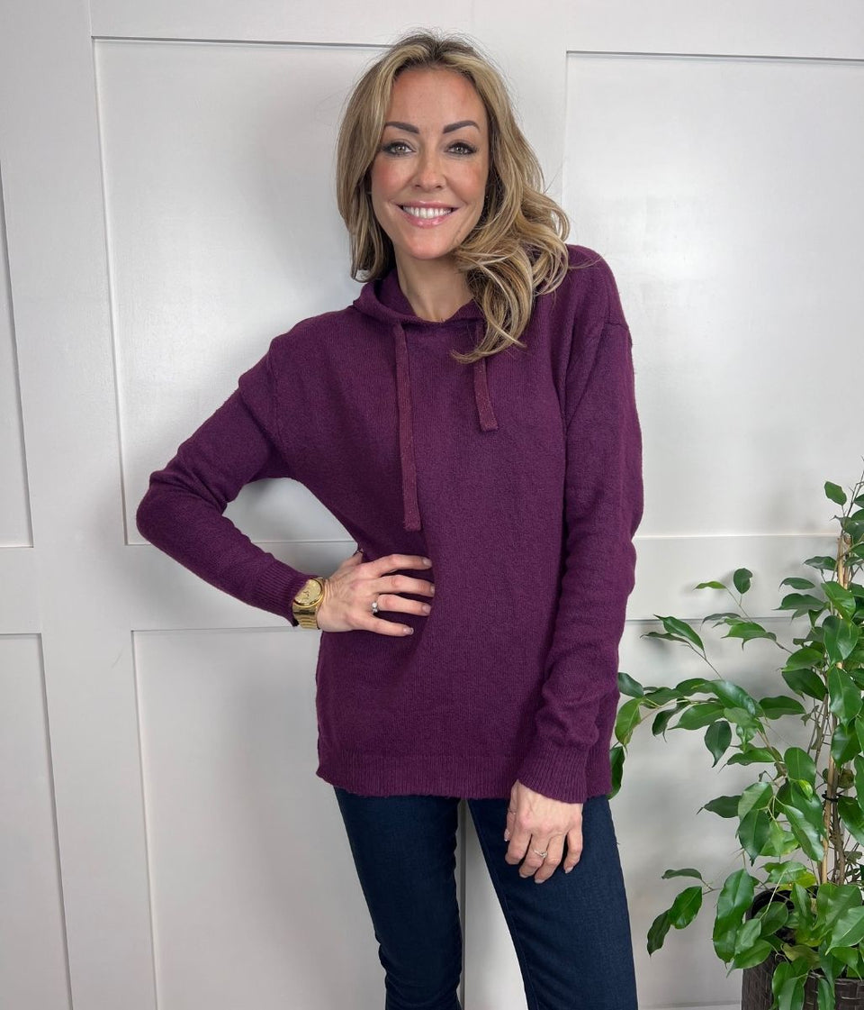 Plum Fine Knit Hooded Jumper