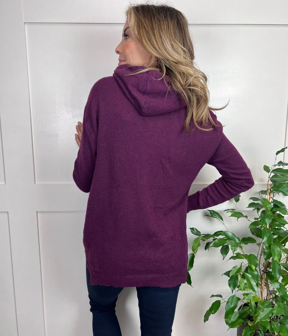 Plum Fine Knit Hooded Jumper