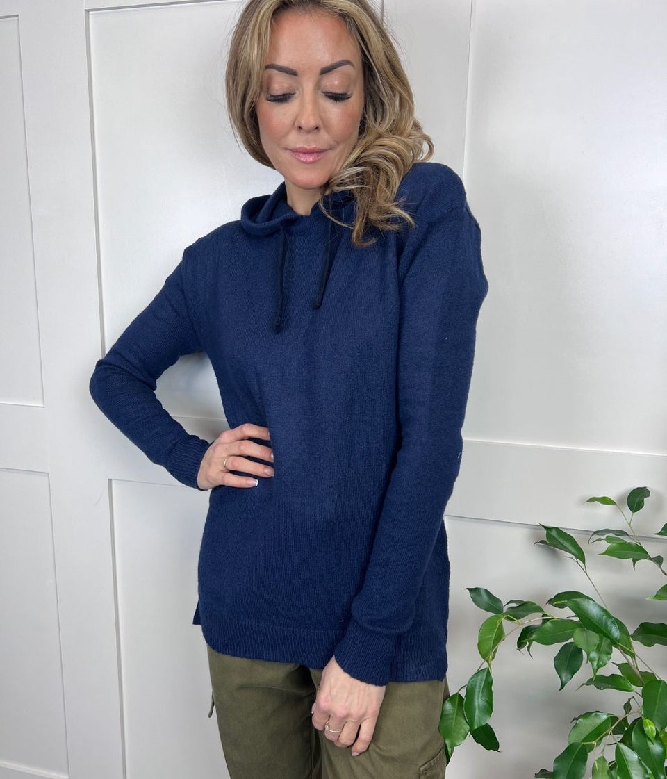 Navy Fine Knit Hooded Jumper