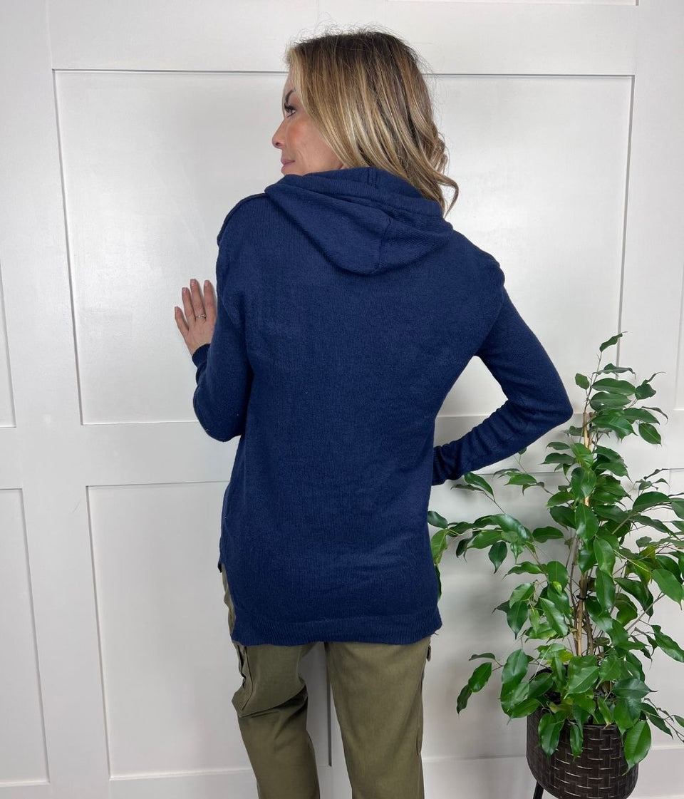 Navy Fine Knit Hooded Jumper