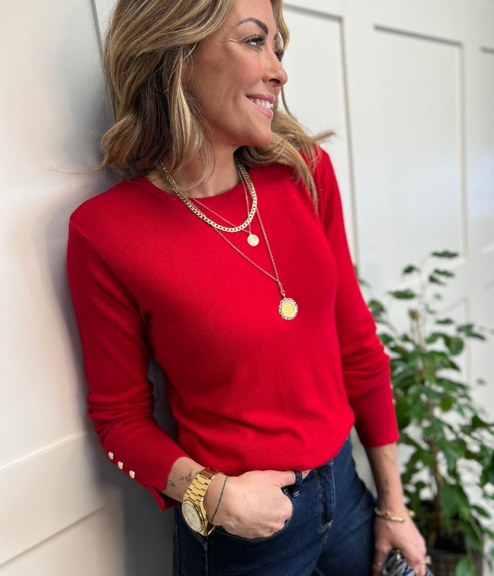 Red Fine Knit Button Cuff Jumper