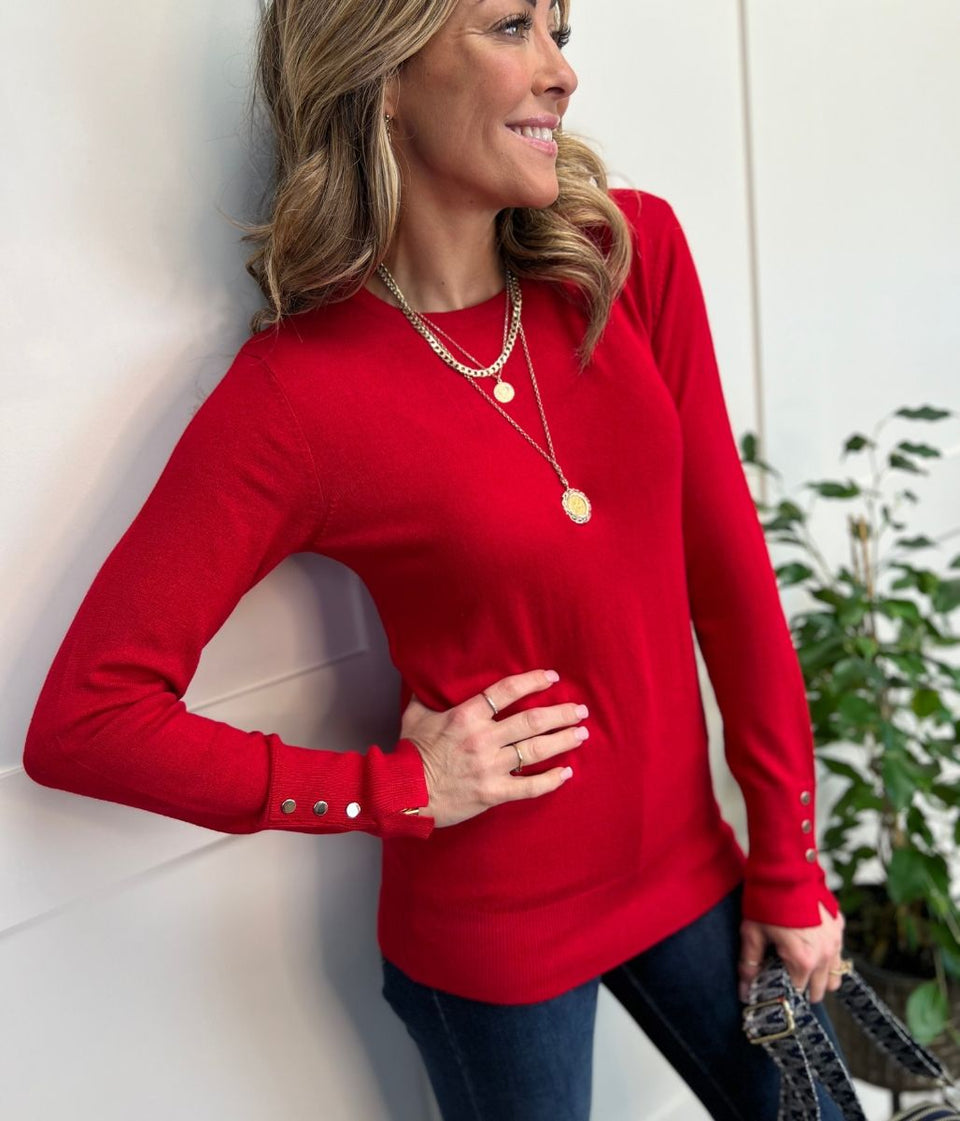 Red Fine Knit Button Cuff Jumper