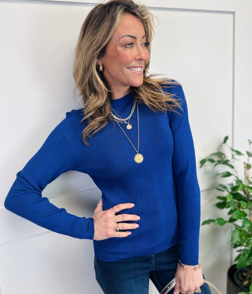 Blue Ribbed Crew Neck Jumper