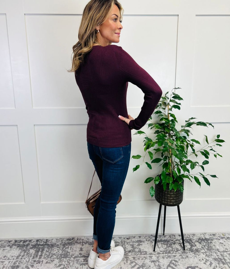 Plum Ribbed Crew Neck Jumper