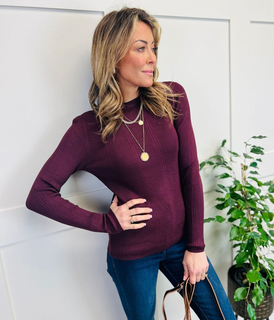 Plum Ribbed Crew Neck Jumper