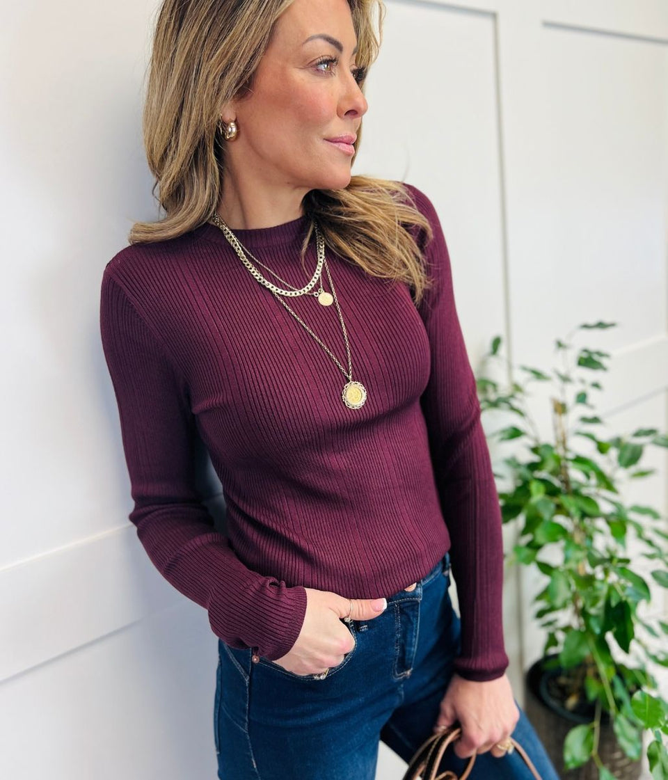 Plum Ribbed Crew Neck Jumper