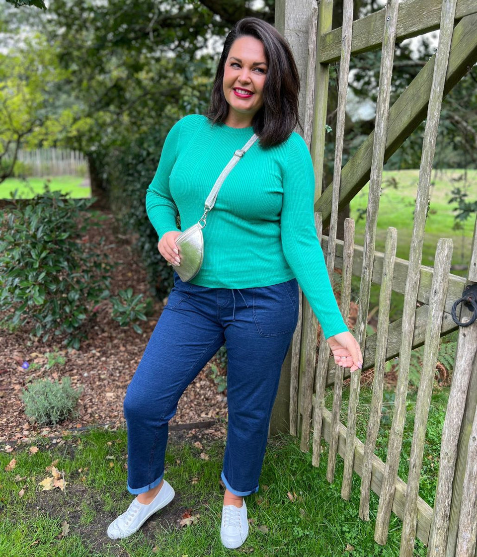 Green Ribbed Crew Neck Jumper