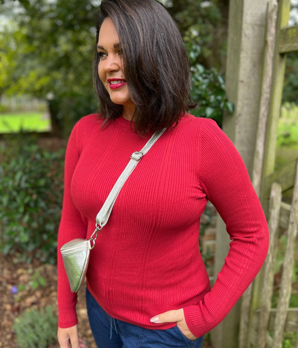 Red Ribbed Crew Neck Jumper
