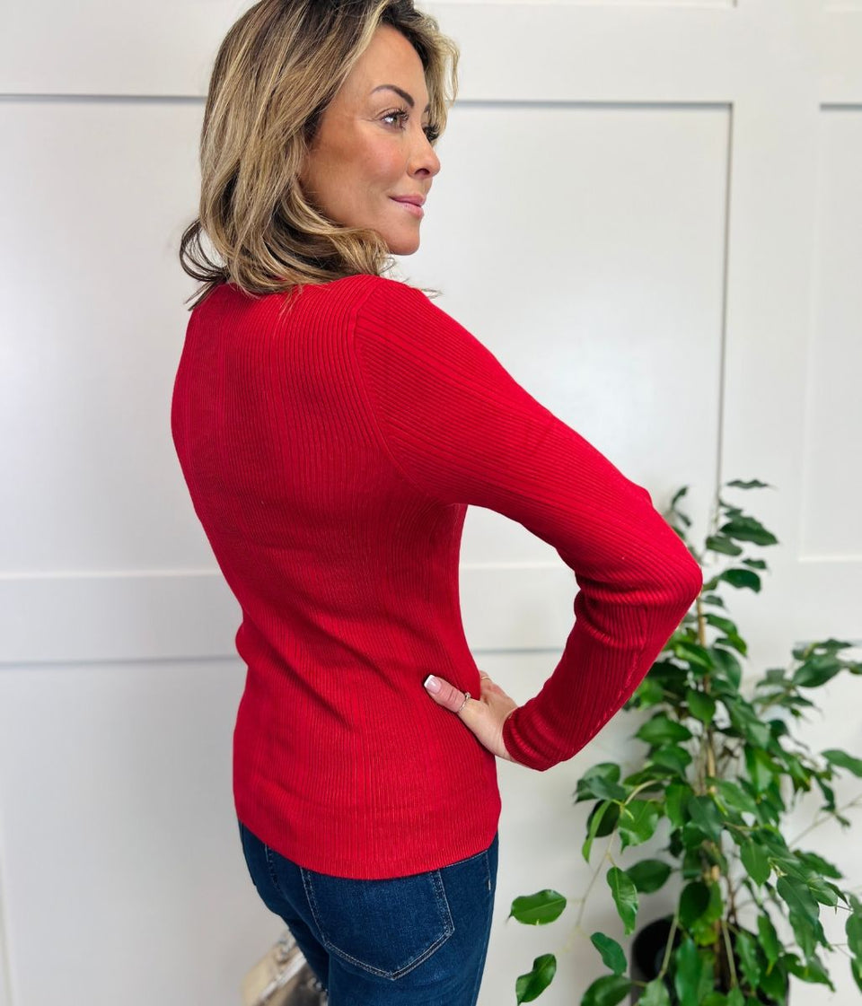 Red Ribbed Crew Neck Jumper