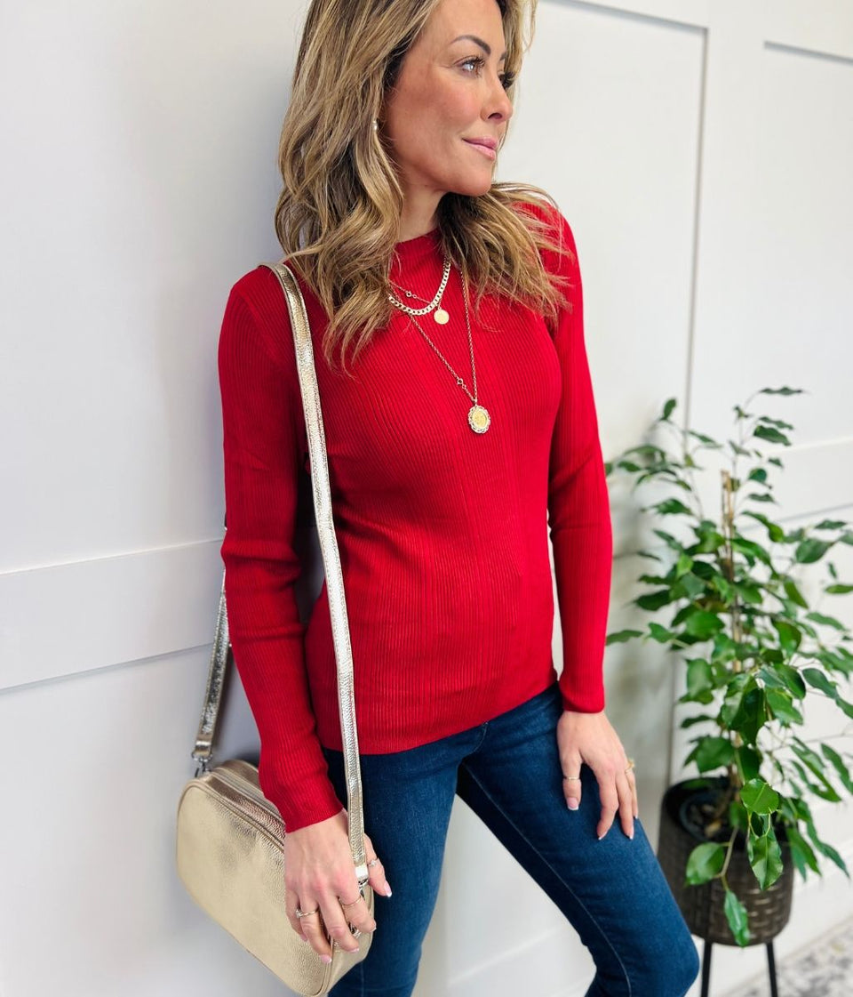 Red Ribbed Crew Neck Jumper