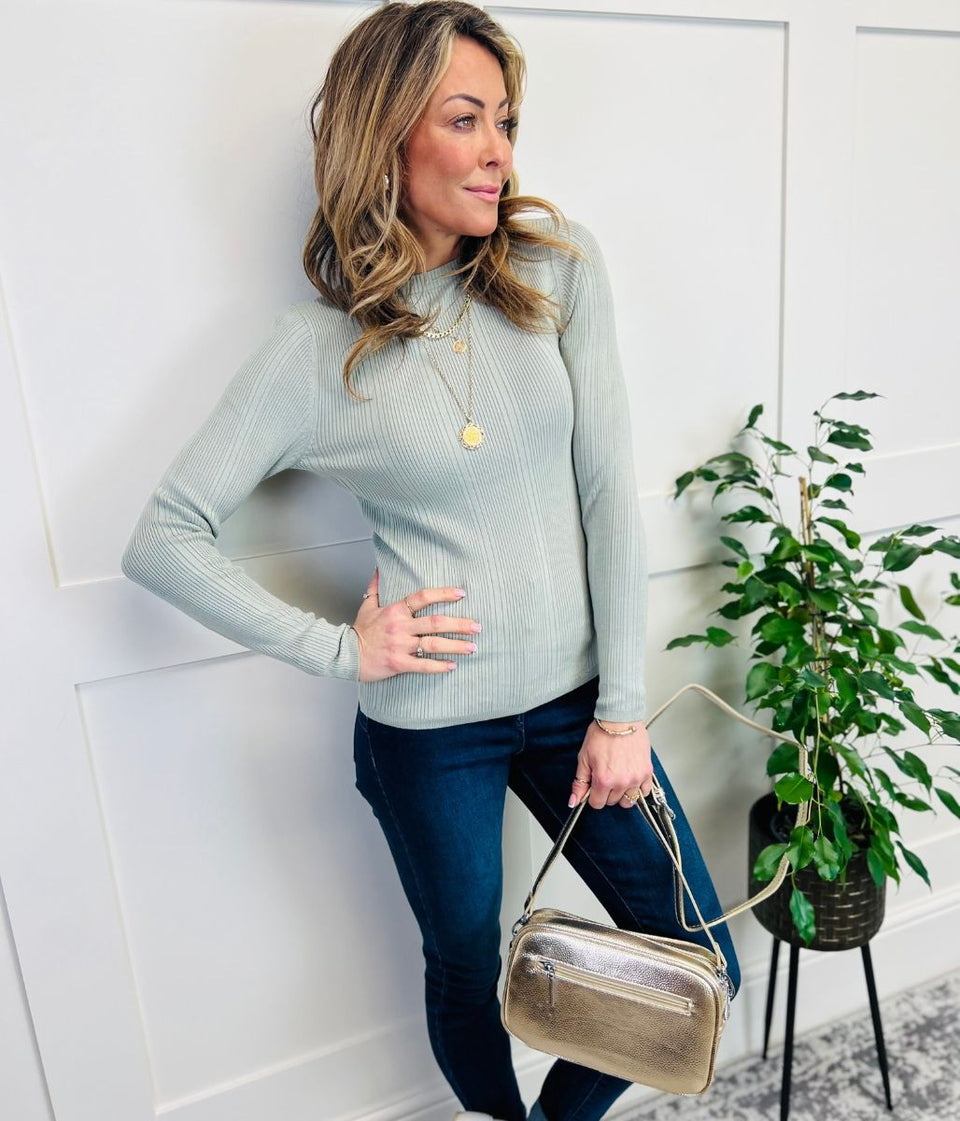 Sage Ribbed Crew Neck Jumper