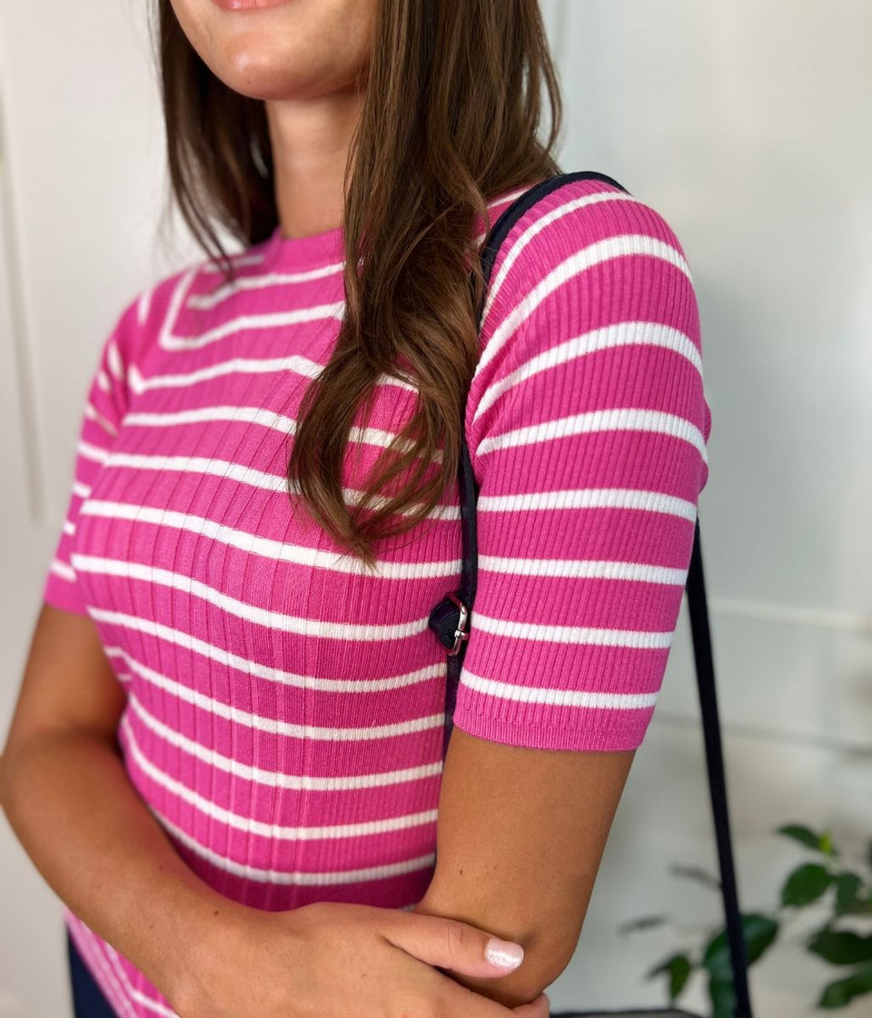 Pink & White Striped Ribbed Short Sleeve Jumper