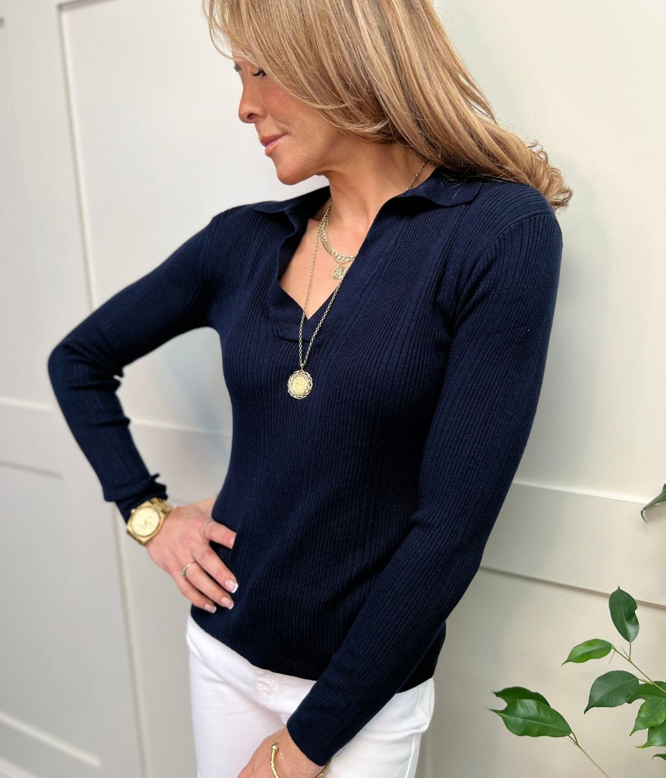 Navy Collared Ribbed Jumper