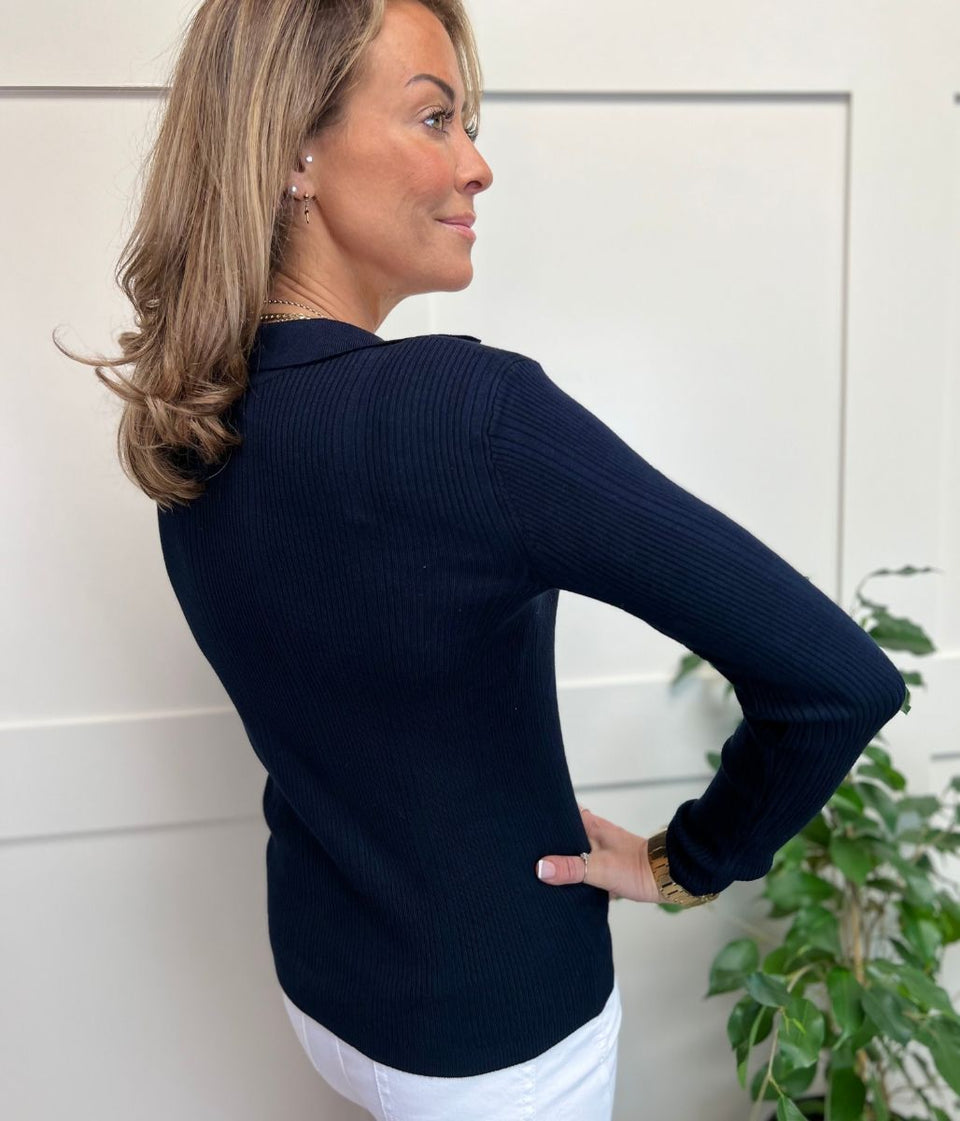 Navy Collared Ribbed Jumper