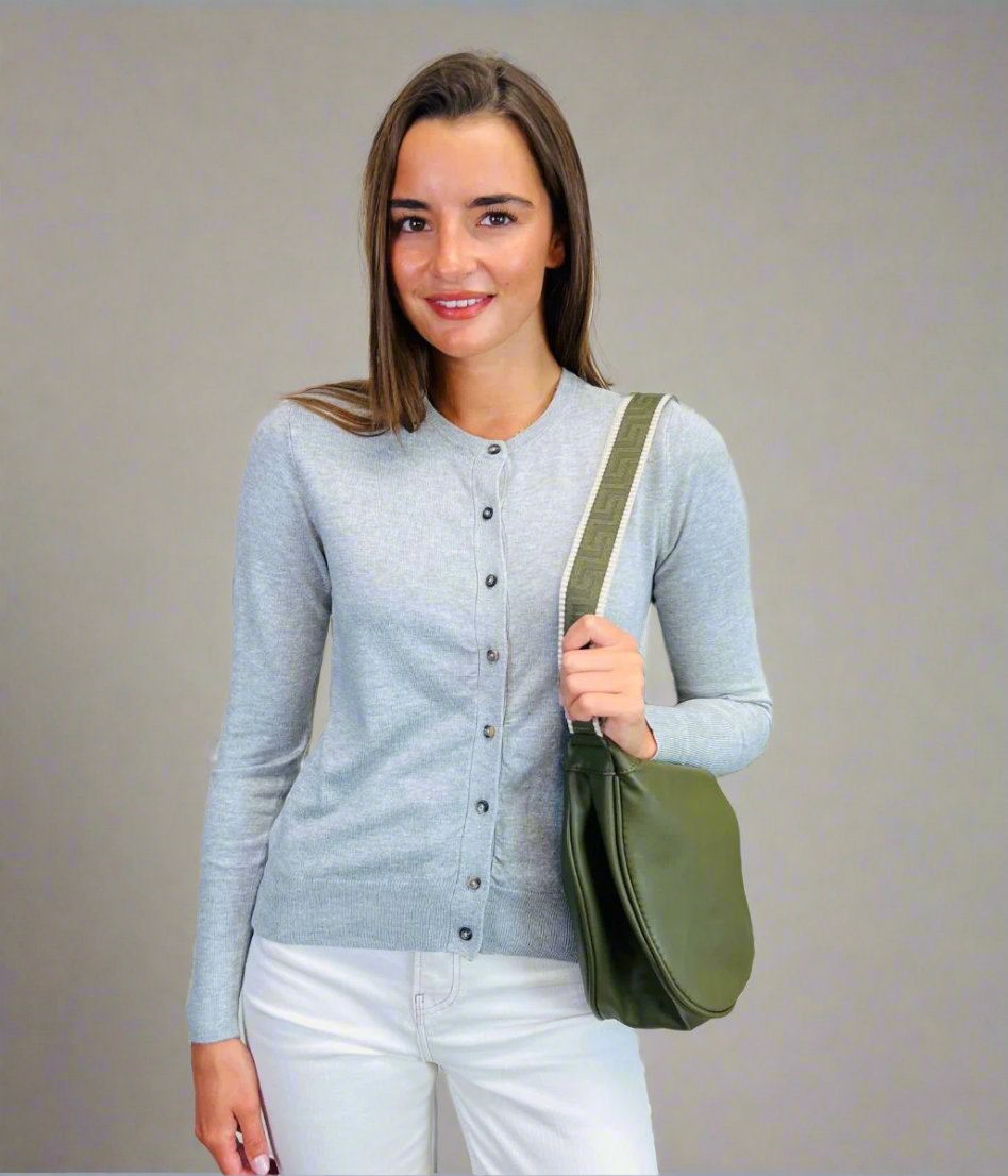 Women's Grey Classic Round Neck Cardigan Button Up