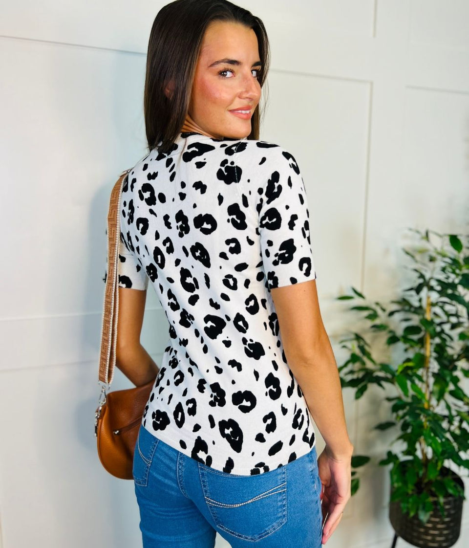 Ivory Leopard Print Short Sleeve Jumper