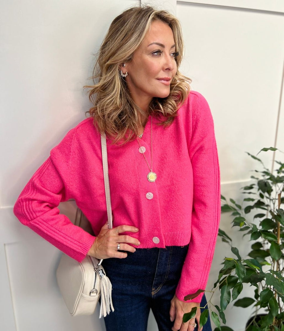 Hot Pink Relaxed Cropped Cardigan