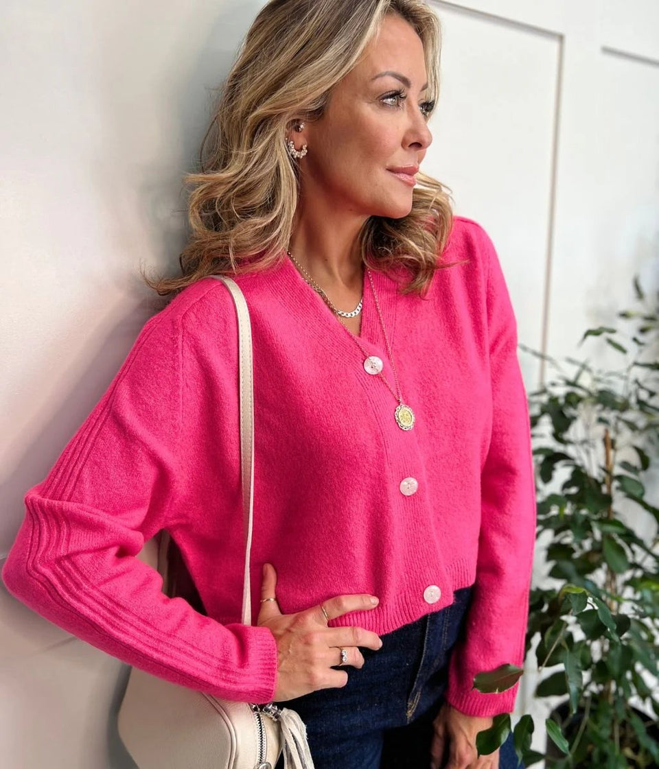 Hot Pink Relaxed Cropped Cardigan