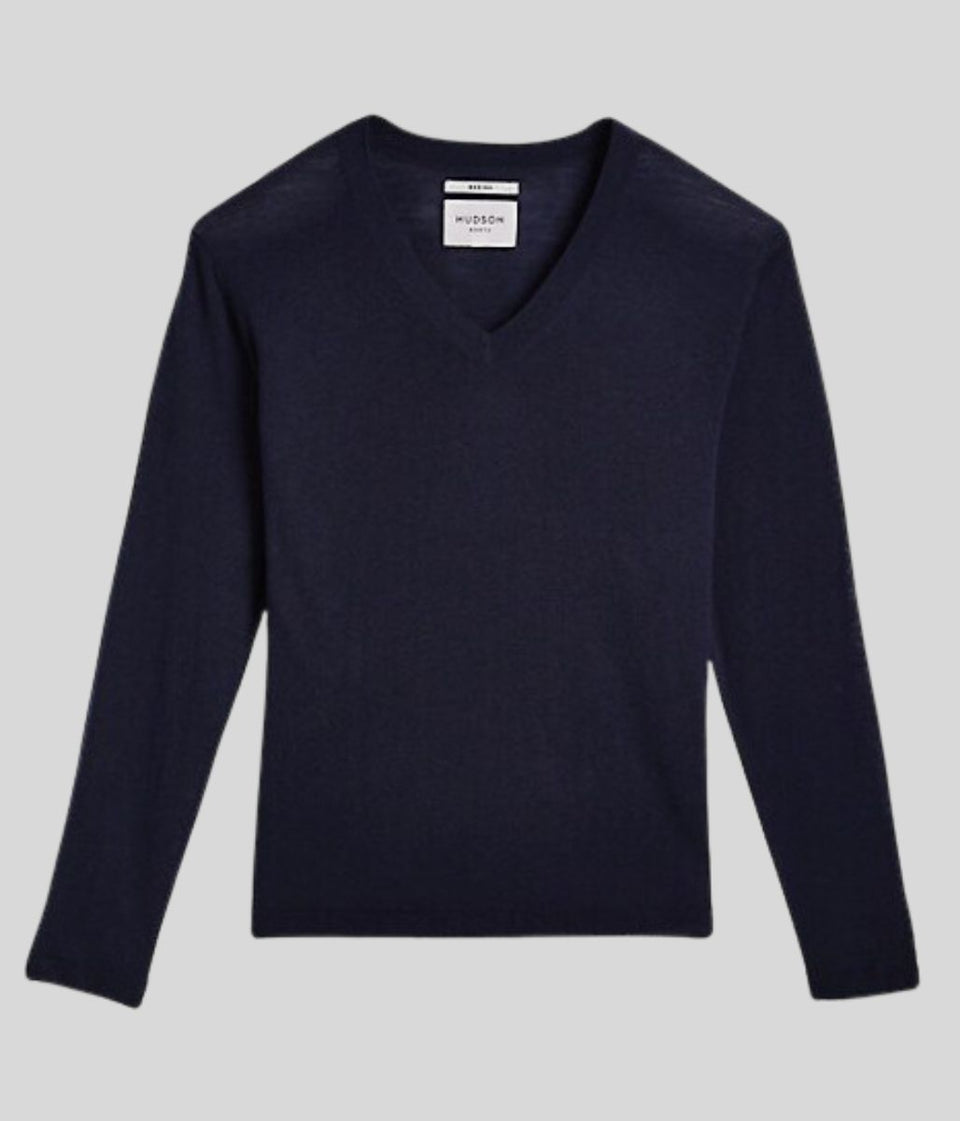 Navy Merino Wool V Neck Jumper