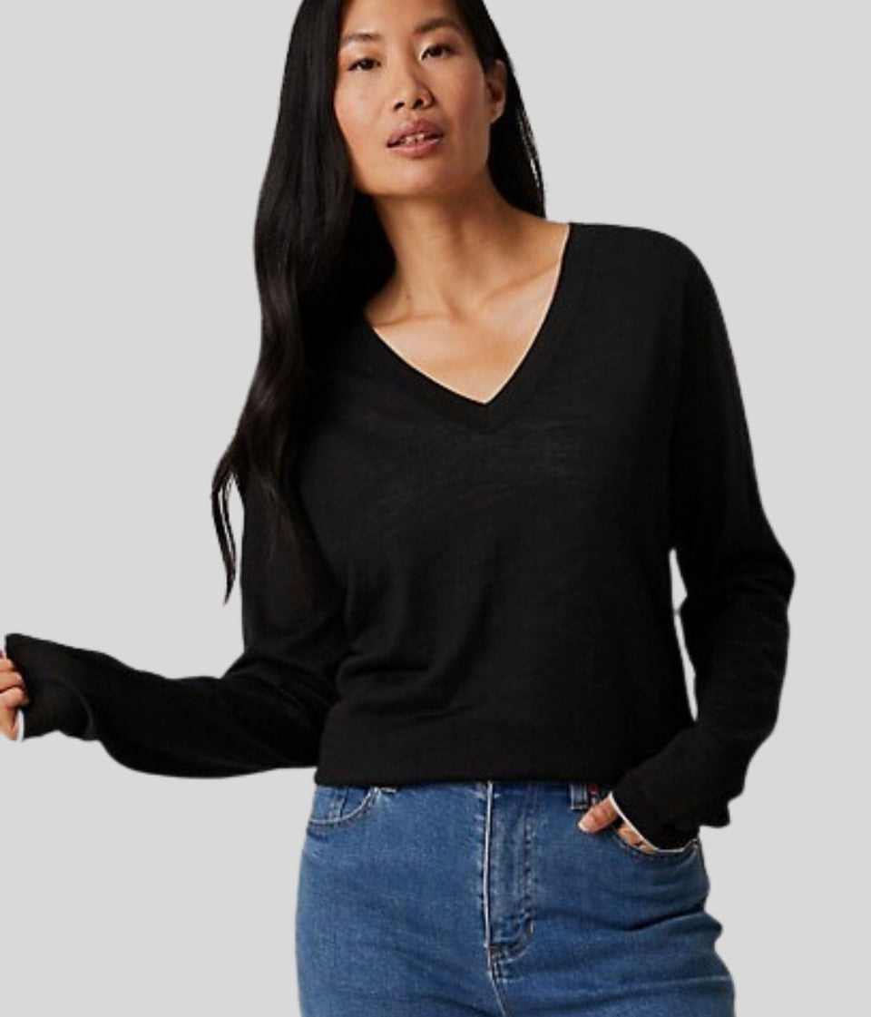 Black Merino Wool V Neck Jumper