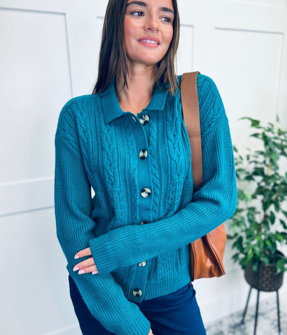 Teal Cable Contrast Cardigan