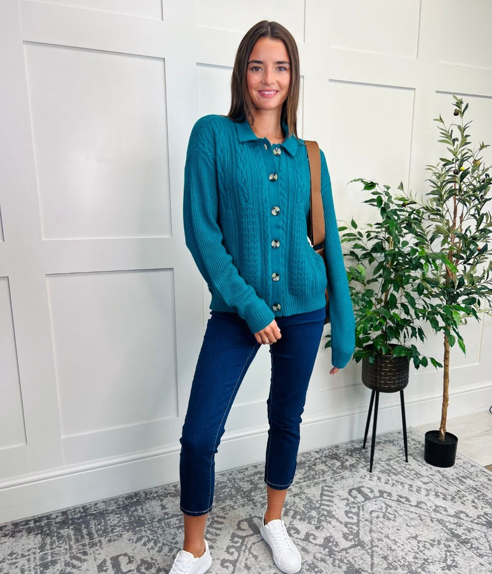 Teal Cable Contrast Cardigan